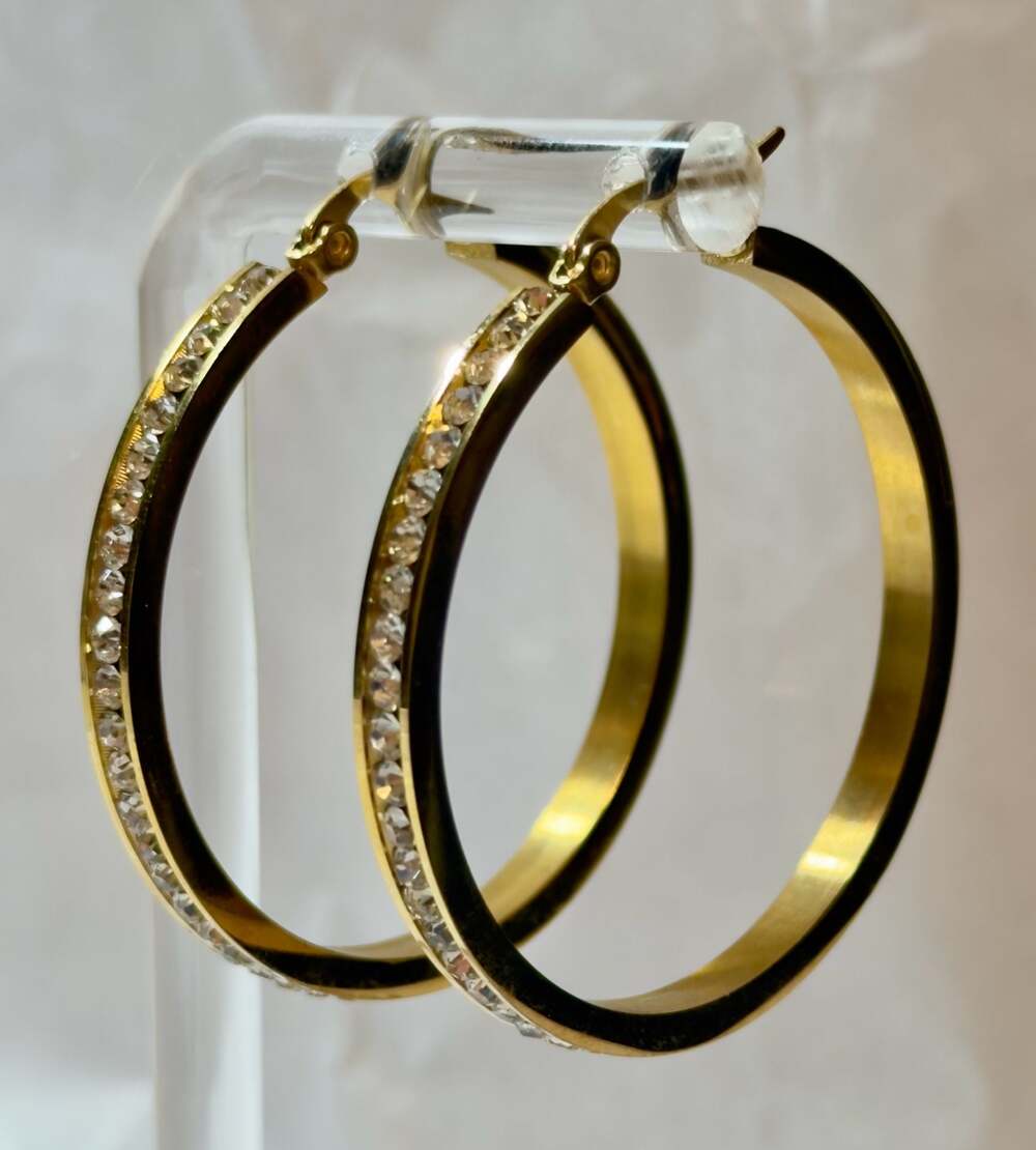 Gold-Tone Hoop Earrings with Channel CZ Crystals  1.5" Diameter